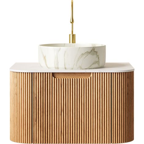 Meuble Vasque Suspendu 61 cm avec Vasque Céramique Ronde Blanche et Plan Carrara, Armoire en Contreplaqué à Rainures Naturelles avec Tiroir (1/5)