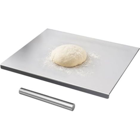 Plan de travail en acier inoxydable 60 x 40 cm avec bord de butée et rouleau à pâtisserie de 30 cm (1/5)