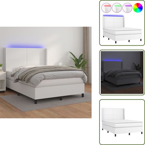 Sommier à lattes de lit matelas LED Blanc 140x190 cm Similicuir - Lit Plateforme - Lit Design - Lit Moderne - Lit Capitonné - Sommier Tapissier