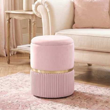 Pouf tabouret repose-pied coffre de rangement en velours côtelé 36 x 36 x 44 cm pour salon chambre rose (1/5)