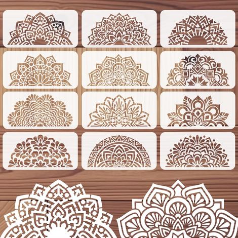 Lot de 12 pochoirs muraux réutilisables à motif de fleurs mandala pour peinture, décoration murale, décoration de cartes, meubles en bois de ciment et bois, chambre d'enfant, 30 x 14 cm (1/5)