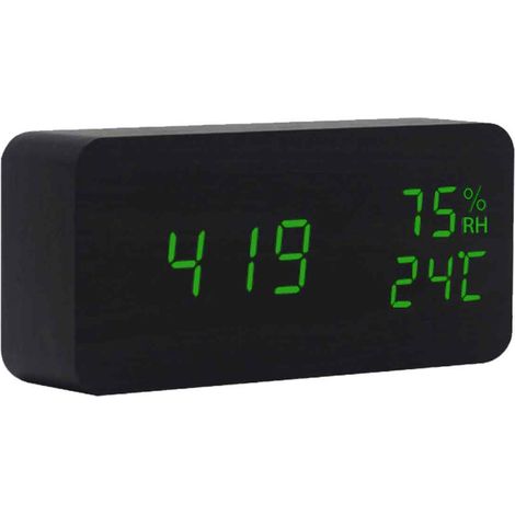 1 Réveil bois, affichage LED 24h, commande vocale, mesure humidité, chargement USB, chambre salon (1/5)