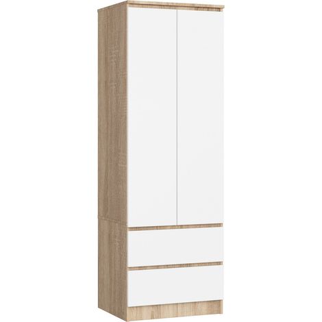 Akord – Armoire 2 portes 2 tiroirs chêne sonoma 60 cm – Façade blanche – Dimensions 60x51x180 cm – Idéale pour petits espaces