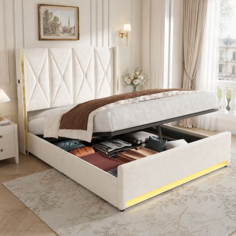 Letto in velluto con testiera alta, morbidamente imbottita e trapuntata, tasche laterali, illuminazione USB e LED, sistema a leva idraulica e ampio vano contenitore sotto il letto: design, comfort e p (1/5)