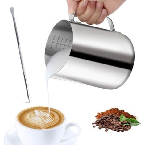 304 Stainless Steel Milk Jug, 900 ML Stainless Steel Milk Pitcher with Measuring Marks, Latte Art Pen, Engraved Internal Markings for Frothing Milk, Cappuccinos, etc. (1/5)
