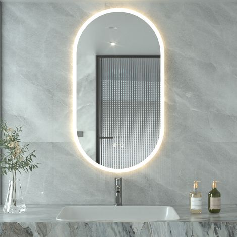 AquaWise Miroir lumineux de salle de bain 90x50cm,3 Couleurs de Lumière, Luminosité Réglable,Mémoire,Anti-Buée,Miroir Salle de Bain LED Ovale (1/5)