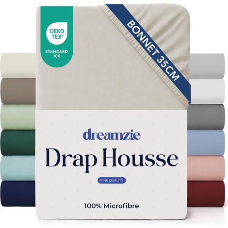 Drap Housse 90x190cm Beige Grand Bonnet 35cm (1/5)