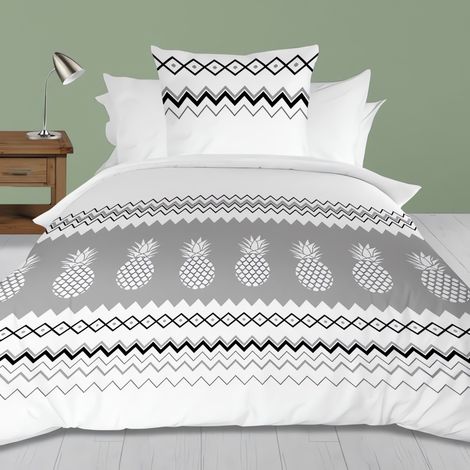 Parure housse de couette 140x200 cm en microfibre ANANAS gris, par Soleil d'Ocre