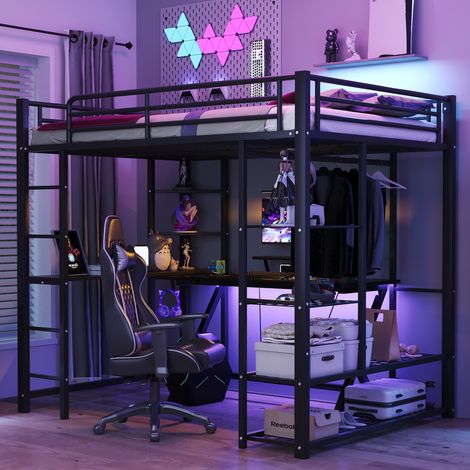 Hochbett mit Schreibtisch und Kleiderschrank 140x200 cm Metall OKMYHOME (1/5)