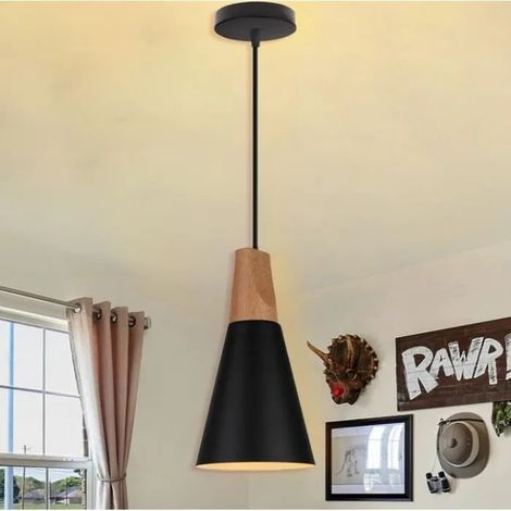 U-Do Suspension Luminaire en Bois Lustre Ajustable design Vintage Lampe en Métal Noir décoration Escalier Cuisine (1/4)