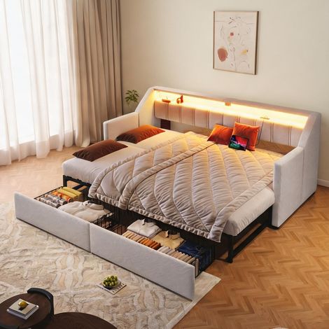 Cadre de lit beige en lin 212 x 193 x 92 cm (1/5)