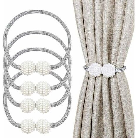 Paquete de 4 alzapaños magnéticos para cortinas de 48 cm con bola magnética, decorativos para decorar ventanas de casa, oficina, hotel. Bonitos y modernos, color gris. (1/4)