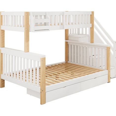 Lit superposé pour enfants, lit double multifonction avec panier de rangement, tiroir, armoire d’escalier et meuble de rangement, sans matelas, blanc + naturel (1/5)