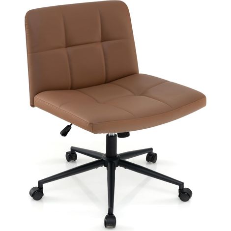 COSTWAY Chaise de Bureau en Cuir PU avec Assise Large, Chaise de Salon sans Accoudoirs avec roulettes et Fonction Bascule, Réglable en Hauteur, Charge 150 kg, pour Bureau, Chambre, Salon (Marron) (1/5)