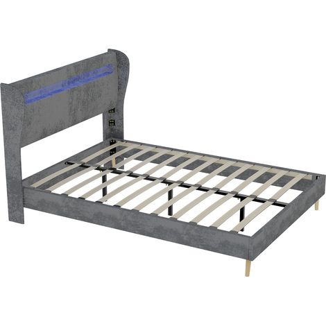 Lit rembourré moderne 140x200 cm gris avec tête de lit LED, tissu et métal (1/5)