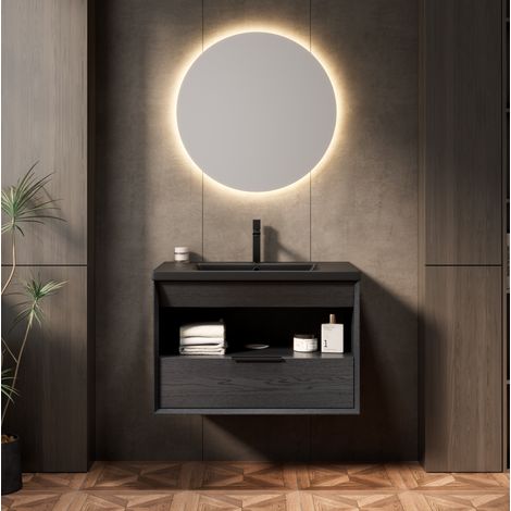 Waschtisch mit Keramik-Waschbecken, Schwarz/Dunkle Eiche, hängend, mit Schublade und offenem Regal (1/5)