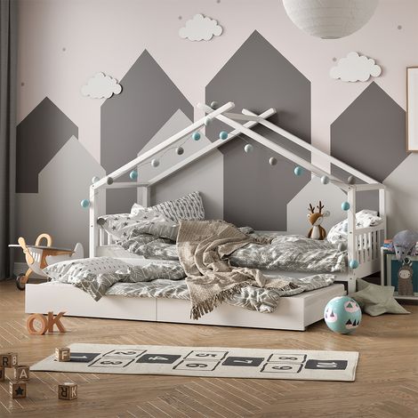 Hausbett Design, Weiß, 90x200 cm mit Gästebett und 2 Matratzen, Vitalispa