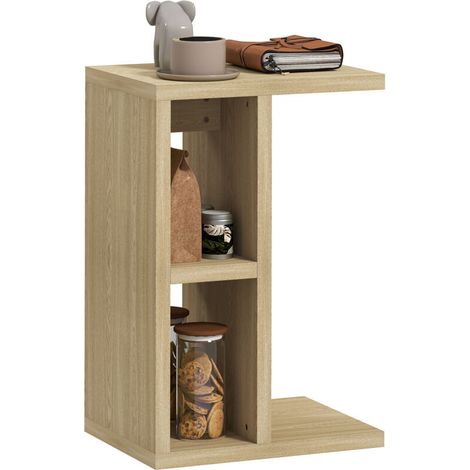 Mesa auxiliar de tres niveles en forma de C con dos compartimentos abiertos, 40 x 29,8 x 60 cm, roble. (1/5)