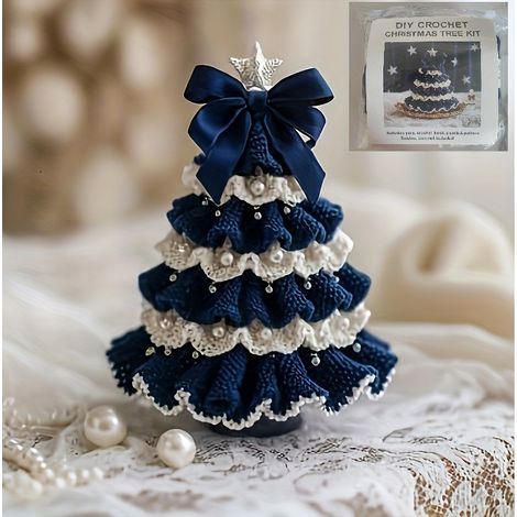 Kit de sapin de Noël au crochet - Ensemble de décorations de Noël faites à la main avec nœud rouge et vert, ornements en perles et décoration festive (1/5)
