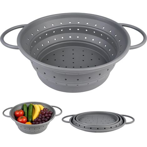 Passoire Pliable en Silicone, 33.4 cm Passoire cuisine pliable, Sans BPA, Pour Égoutter Pâtes, Légumes, Fruits et Légumineuses, Facile à Ranger, Idéale pour la Cuisine et le Camping (Gris) (1/5)