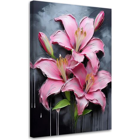 Tableau déco Fleurs Lys peints roses 60x90 (1/5)