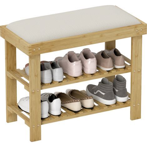 Banc à chaussures en bambou, étagère à chaussures à 3 niveaux, style scandinave, 60 x 29 x 49 cm, crème et bois naturel (1/5)