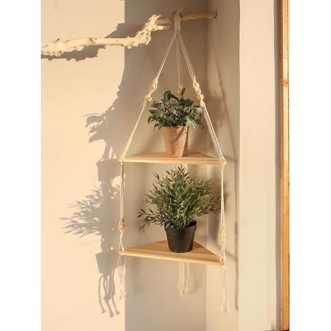 (TK-M0953) Étagère d'angle en bois, décoration murale, support de rangement pour pots, étagère flottante en macramé, organisateur mural, style bohème, décoration nordique pour la maison (1/5)