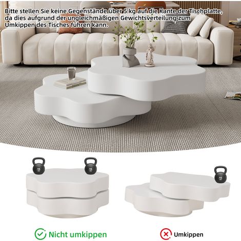 Table basse en forme de fleur, plateau supérieur pivotant à 360°, table de salon rotative, table de canapé à double étage, 2 espaces de rangement, charge maximale 30 kg, MDF, blanc crème (1/5)