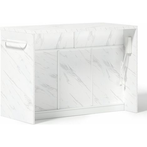 Îlot de cuisine 120x60x91 cm avec bar intégré, prises électriques et USB, plateau effet marbre blanc (1/5)
