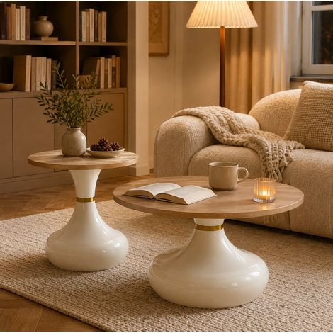 Lot de 2 tables basses rondes gigognes, effet bois et métal blanc, Ø70/50 cm, REDOM (1/5)