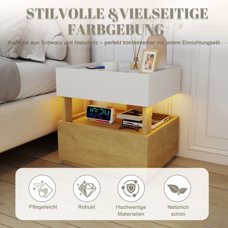 Table de nuit industrielle 2 tiroirs, table d'appoint moderne pour chambre avec éclairage LED, meuble de chevet blanc et bois clair, rangement double niveau, idéale pour salon ou chambre à coucher (1/5)