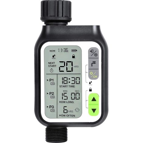 Programmateur d'arrosage automatique, minuterie d'irrigation pour jardin, commande manuelle, capteur de pluie, étanche et 3 programmes d'irrigation distincts (1/5)
