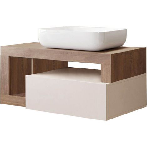 ARTURO - Meuble Vasque 92cm suspendu 1 tiroirs beige laqué et aspect bois finition Mercure