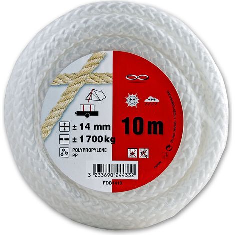 Corde Polypropylène tressée - Résistance à la rupture Indicative 1, 7 T - Diamètre 14 mm - Longueur 10 m - Blanc