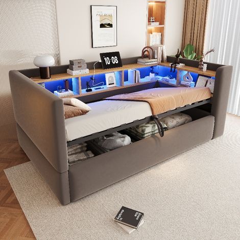 Schlafsofa 90x190 cm mit hydraulischem Stauraum, LED-Beleuchtung und Steckdose, Polsterbett Dunkelgrau (1/5)