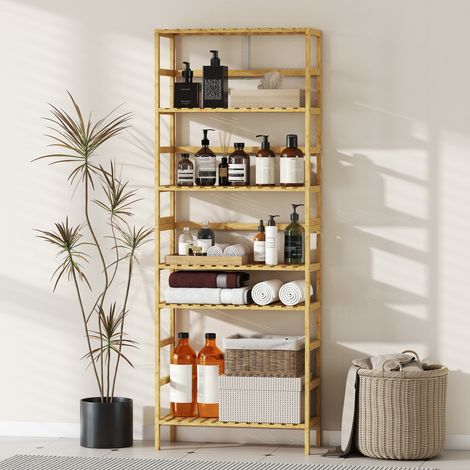 Étagère bambou naturel 6 niveaux, tablettes réglables 60x26x161 cm, meuble de rangement écologique en bois (1/5)