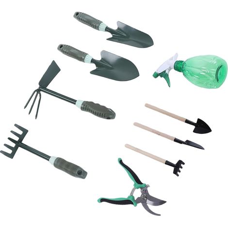 9-teiliges Gartenwerkzeugset mit Gartenschere, Pflanzkelle, Handrechen, Sprühflasche, Aufbewahrungstasche und Schürzenmatte für Gartenarbeit, Pflanzung und (1/5)