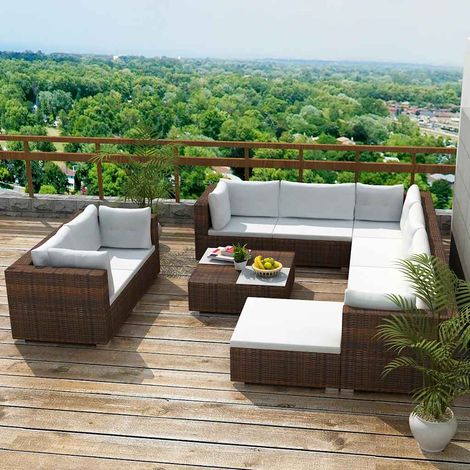 Salon de jardin 10 pcs Ensemble Table et Chaise de Jardin - avec coussins Résine tressée Marron BV957577 - BonneVie (1/5)