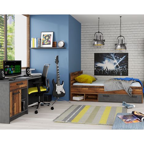 Jugendzimmer Set NELSON-129 mit Bett 90x200 und Schreibtisch, in grau mit Holz (1/5)