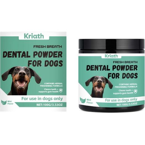 Poudre dentaire rafraîchissante pour l'haleine des chiens, saveur menthe, réduit la plaque dentaire et les mauvaises odeurs, laissant les dents fraîches et propres – 100 g (1/5)