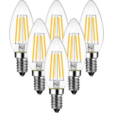 4W Ampoule Filament Bougie LED E14, 470lumen Equivalente à Ampoule Halogène Vintage 40W, Blanc Chaud 2700K, Non réglable, Lot de 6 [Classe énergétique A++]