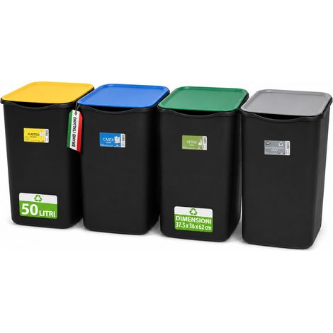 Set 4 Pattumiere Bidoni 37,5x36x62 cm Raccolta Differenziata Spazzatura Capienza da 50 L in Plastica Nero (1/4)