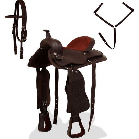 Selle, bridon et col de poitrine Cuir véritable 15 po Marron