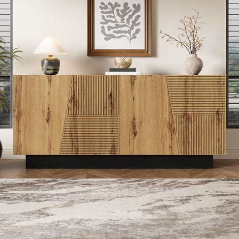 Buffet 160 cm, Meuble de Rangement avec 4 Portes et avec Étagère Réglable pour Salon Salle à Manger, Design Géométrique Moderne Noir et Bois Naturel (1/5)
