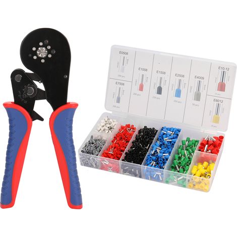 Kit pince à sertir cosse tubulaire HSC8 16-6 0.08-16 mm² acier haute résistance haute dureté avec 1200 cosses tubulaires embouts à sertir boîte rangement coloris noir rouge bleu argenté 200x104x22 mm (1/2)