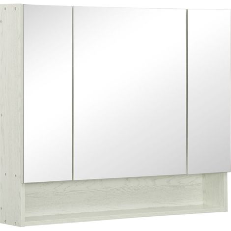 Miroir de salle de bain avec rangement 3 portes à fermeture amortie, 90x15x75 cm, étagères réglables, compartiment ouvert, meuble mural gain de place en verre effet bois (1/5)