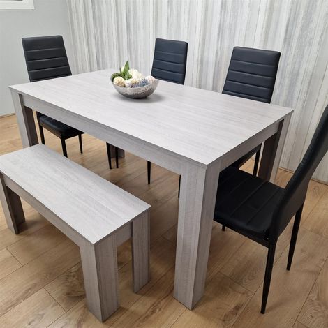 Dining Table and 4 Chairs With Bench Grey 4 Black Leather Chairs Wood Dining Set Furniture (1/5)