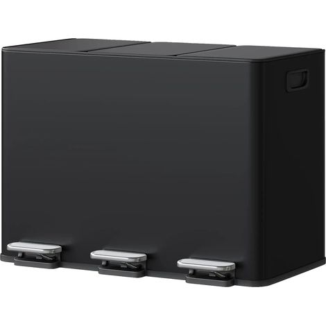 Cubo de basura de 3 compartimentos, accionado por pedal, negro. (1/2)