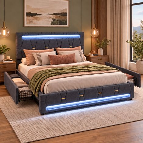 Lit double 160x200 cm avec 4 tiroirs, éclairage LED au tête et au pied, tête de lit capitonnée réglable, tissu gris, sommier à lattes (1/5)