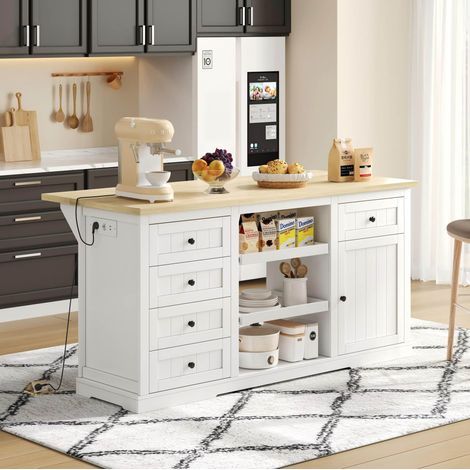 Aparador isla de cocina 150x65x75.5 cm blanco y natural en MDF con tablero abatible, 5 cajones, 2 bandejas extraíbles y enchufes USB (1/5)